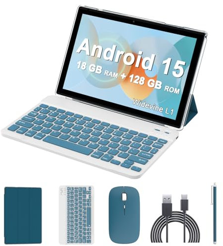 Android 15 Tablet, 2 in 1 Tablet, 10 Inch with Keyboard, 18GB RAM, 128GB ROM, 2TB Expand, Quad-Core CPU 2.0GHz, 5G WiFi 6, BT5.0, HD Touchscreen 1280x800, 6000mAh, Widevine L1, Google