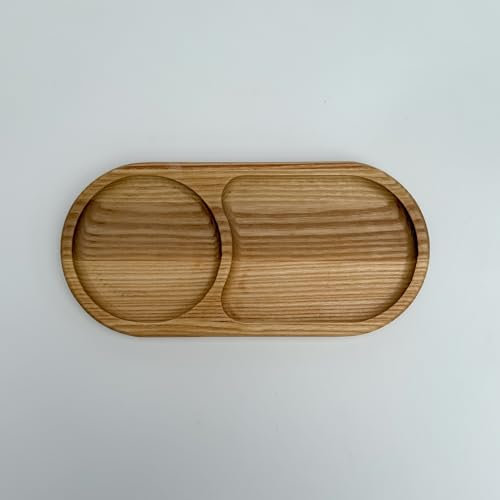 Small Wood Serving Tray Platter (25х12cm), Ash Wooden tray Drink Tray for Coffee Treat Board with Built-in Cup Holder Platter for Tea, Coffee and Snacks Dessert Natural Wood Oval