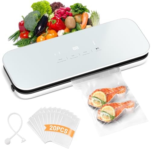 Machine Sous Vide Alimentaire 5 en 1 avec Couteau de Coupe, 75kpa Machine Appareil Sous Vide Alimentaire avec Mode Sec et Humide, Affichage Numérique, Inclus 10 Sacs Sous Vide et Tuyau