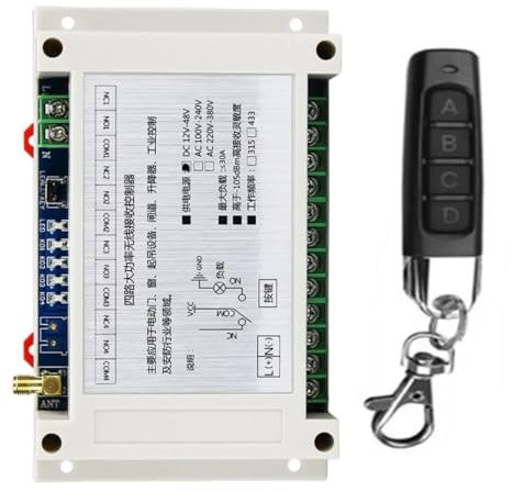 Set di telecomandi radio RF a 4 canali, 433 MHz, 12 V, 24 V, 36 V, 48 V DC, ricevitore + trasmettitore, interruttore relè da 10 A, per motore, cancello, luce, finestre, impianti industriali (1RF)