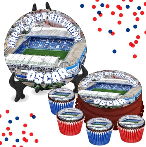 Stamford Bridge Chelsea Stadium PERSONALISED Edible Cupcake Toppers / 8 Inch Cake Wafer or Icing - Sports Football Fan Birthday Decorations - Perfect for Brownies, Cookies, Muffins & More!