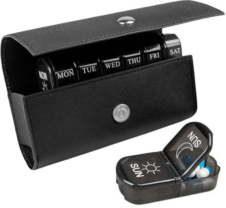 Pasdrucn Tablettenbox 7 Tage Morgens Abends, Pillenbox Medikamentenbox 7 Tage 2 Fächer Mit Tragbarer Aufbewahrungstasche Aus PU-Leder. Pillendose 7 Tage Medikamentenbox Für Medikamente (Schwarz)