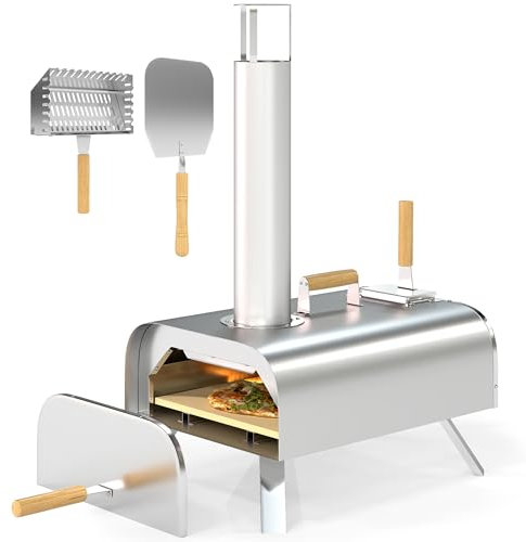 Outsunny Portable Outdoor Pizza Oven with Foldable Legs, Chimney, 12 Inch Wood Pellet Pizza Oven with Pizza Stone and Peel, Wood Fired Pizza Maker for Outdoor Cooking, Stainless Steel