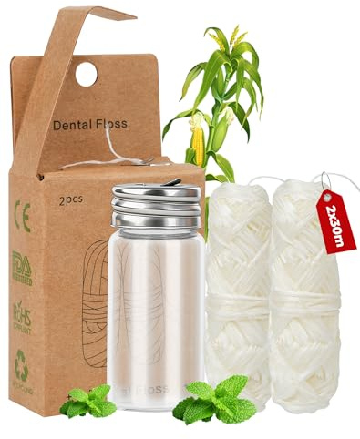 60M Öko Zahnseide plastikfreie Zahnseide im Glas 2 Spulen Bio Floss gewachst mit Candelilla Maisseide Dental floss ohne PFAS Minze Nachhaltig Vegan 2×30m + Zahnseidespender von LAOYE