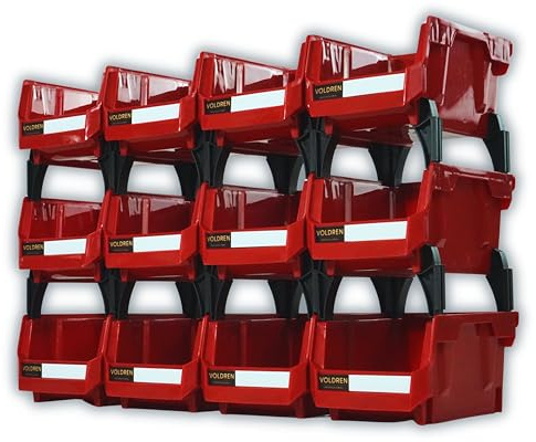 VOLDREN Werkstatt-Stapelkiste, Schrauben-Organizer, Lagerboxen für Werkzeugswand, schraubenregal, werkzeug organizer, stapelboxen werkstatt, werkstatt organizer, schraubenregal werkstatt (rot, 12)
