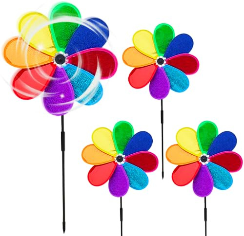 4 Stück Windrad Blume, 30cm Regenbogen Sparkly Windmühle Spinner, Windspiel Blume Windrad, Windgard Taubenabwehr, Vogelabwehr für Balkon, Garten, Obstgarten, Hof, Dach