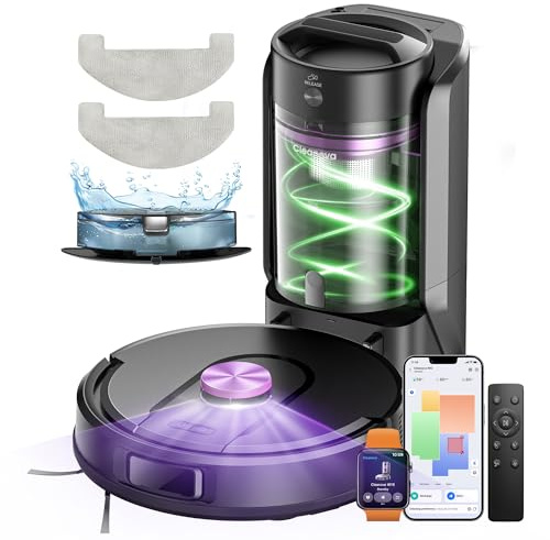 Vexilar Saugroboter mit Wischfunktion, beutelloser Multi-Zyklon Saugroboter mit Absaugstation, 10.000Pa & 200 Min Staubsauger Roboter, 3-in-1 Saug und Wischroboter für Tierhaare & Teppich (Schwarz)