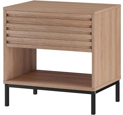 Celine Nachttisch aus MDF Eicheoptik, 50 x 35 x 50 cm, Nachtkommode mit Schublade, offenem Ablagefach und Metallbeinen für Schlafzimmer und Wohnbereich