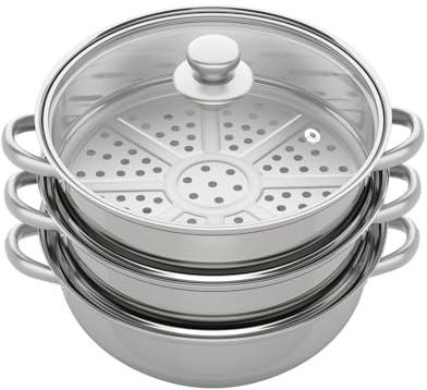 Dampfgarer Topf, 3-Etagen 28cm Steamer Pot Dampftopf Edelstahl Set Profi Multifunktions-Kochtopf Integrierter Kochtopf Glasdeckel mit Entlüftungsloch, Induktionssicher
