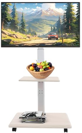 Mobile TV Stand on Wheels, Universal TV Stand for 32-70 Inch TVs, Rolling TV Cart up to 100 lbs, Portable Rolling Floor TV Mount with 1 Shelf, Height Adjustable, for Bedroom Outdoor (White)