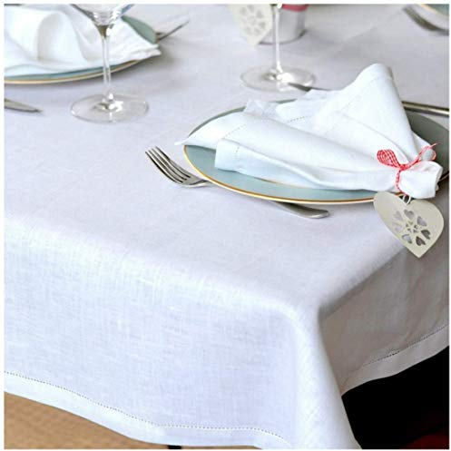 Linen & Cotton Elegante Festliche Tischdecke Stoff Tischtuch Tischwäsche Florence mit Hohlsaum, Quadratisch - 100% Leinen, Weiß/Weiss (143 x 143 cm) Hochzeit Hotel Restaurant Cafe Gastronomie