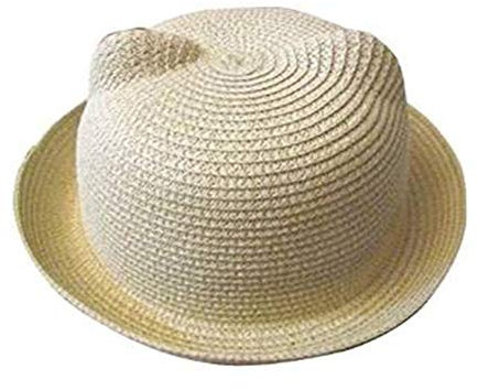Butterme Süßer Strohhut mit Katzenohren, für Sommer, Strand, Sonnenhut, aufrollbare Krempe, Derby Bowler, Eimermütze für Babys, Jungen und Mädchen, Beige