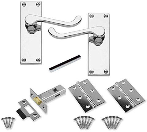 Carlisle Brass - Victorian Scroll Lever Latch Door Handles, 64mm Mortice Tubular Latch and Hinges Set for Internal Doors (Polished Chrome)