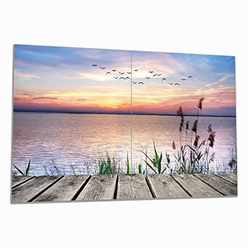 Wallario Herdabdeckplatte/Spritzschutz aus Glas, 2-teilig, 80x52cm mit 8 mm hohen Füßen, für Ceran- und Induktionsherde, Seepanorama mit Schilf und fliegenden Vögeln