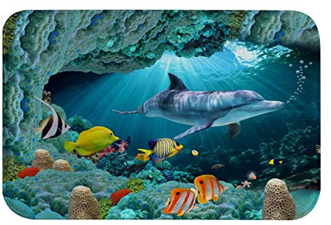 A.Monamour Badematten Badteppiche Badvorleger 3D-Unterwasserwelt Delfine Fische Korallen Meereslebewesen Blauen Hintergrund Flanell Türmatte Runner Teppiche Matte Für Badezimmer Bad Küche 40x60cm