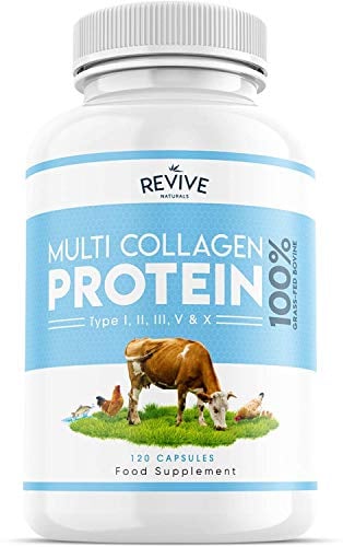 Capsules protéiques multicollagènes - 5 types de peptides de collagène d'origine alimentaire - Bovin hydrolysé nourri à l'herbe, poisson sauvage de mer & poulet en liberté, 120 capsules