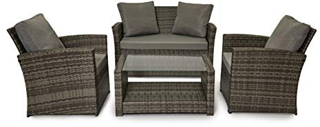 EVRE 4 Seater Rattan Garden Conservatory Patio Furniture Sofa Armchair Roma Set with Glass Top Coffee Table Wicker Weave Sofa and Cushions (Grey)
