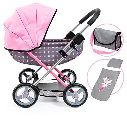 Bayer Design 12766AA Puppenwagen Cosy, zusammenklappbar, inklusive Tasche und Bettdecke, modern, grau, Punkten, rosa gepunktet, 46 cm