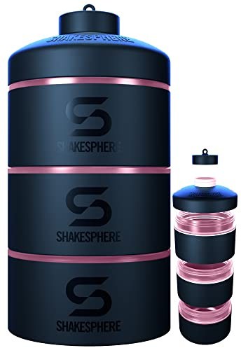 ShakeSphere Stackable Snack Containers - Organizer Carrier for Food, Protein Powders, Nuts & Supplements - 3 Leakproof, Twist Lock Holders - Portable Storage for Lunch, Gym, Travel - Rose Gold, 85g