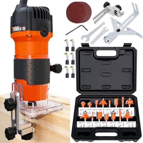 THINKWORK Router Tool, 6.5 Amp 1.25 HP Wood Router for Woodworking, Trim Router with 15 Pieces 1/4 Router Bits Set