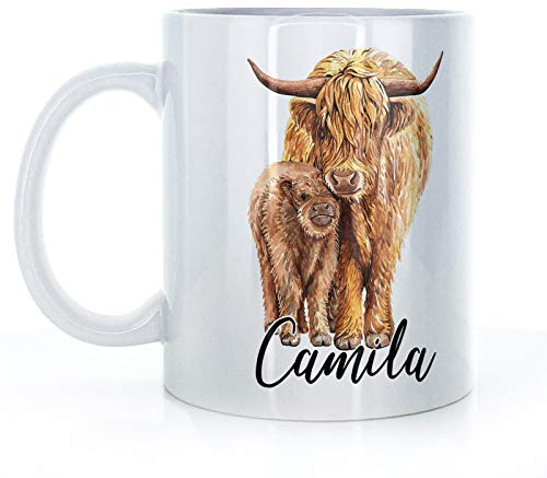 Hairyworm Personalised Mug with Custom Name (11oz) White, Yellow, Blue, Black, Pink Cup with Highland Cow and Calf Design Print