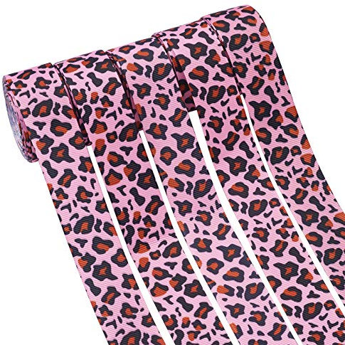 Fashewelry Ripsband mit Leopardenmuster, 22,5 m, 5 Rollen, 2,5 cm, Pink