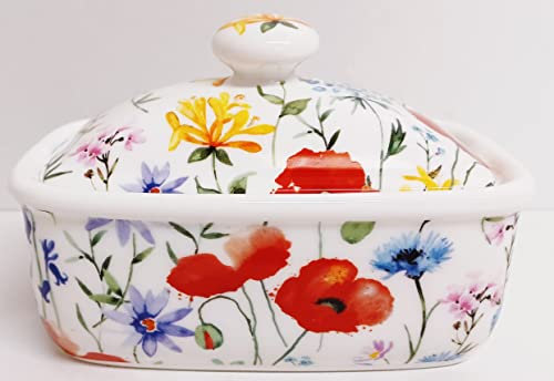 Beurrier en porcelaine fine Motif fleurs sauvages Multicolore