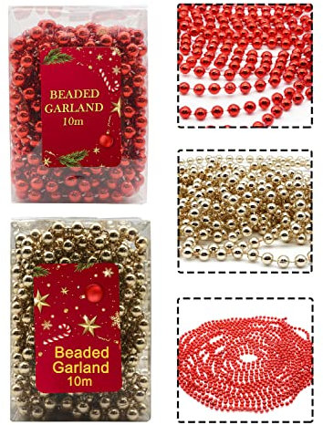 10M Christmas Bead Garlands, 2Pk Shiny Pearl Beads Chain Plastic, Christmas Garlands for Xmas Tree Decorations (Rosegold & Red)