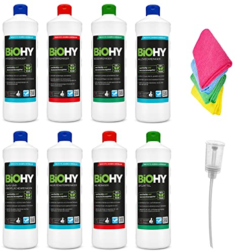 BiOHY Reinigungsmittel Komplett Set mit Dosierer und 4 Mikrofasertücher (8 x 1 L) | Bad-, Fenster- und Bodenreiniger |kraftvoll & effizient | nachhaltige Bio Reiniger