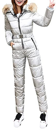 Minetom Femmes Hiver Chaud Épais Snowboard Extérieur Sports Fermeture Éclair Jumpsuit À Capuche Coupe-Vent Combinaison de Ski D Argenté S