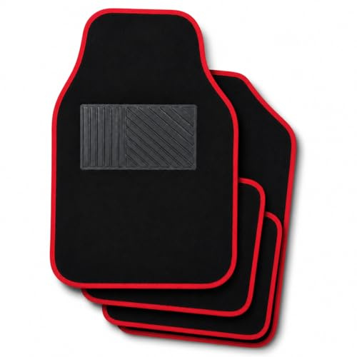 Set 4 Tappetini Auto Universali in Moquette - Bordo Rosso - Antiscivolo, Facili da Pulire, Anteriori 65x43 cm, Posteriori 43x32 cm - Protezione Interni Auto Elegante Sportivo