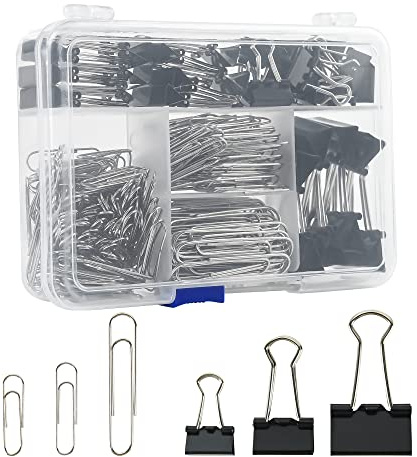 Assorted Size Binder Clips & Jumbo Paper Clips Set - 340pcs Black, Large for Office & School Supplies, in Container with Compartments