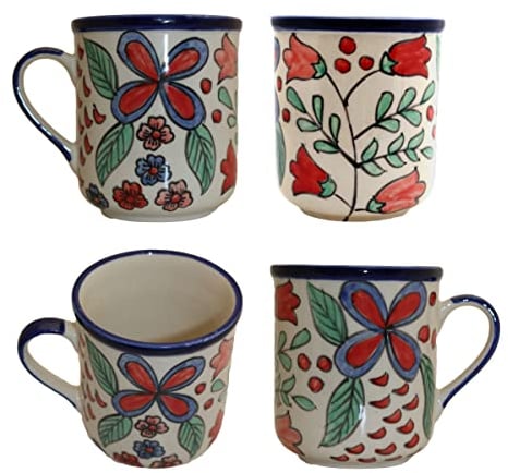 Gall&Zick Kaffeetasse Blumenmuster, handbemalt aus Keramik, 400ml, spülmaschinenfest (2 x Blau)