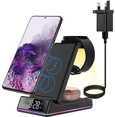 PINRUIGE Wireless Charger With Alarm Clock for Samsung and Night Light, 5 in 1 Wireless Charging Station Compatible with Samsung S23 S22 S21 S20 Z Flip 4/3 Z Fold Galaxy Buds Galaxy Watch 5/5 Pro/4/3