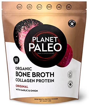 Planet Paleo Organic Bone Broth Collagen Protein Powder (450g, 50 Servings) Original with Garlic & Onion, Grass-Fed, Keto, Low Carb, High Protein Drink or Add to Soups & Savoury Recipes
