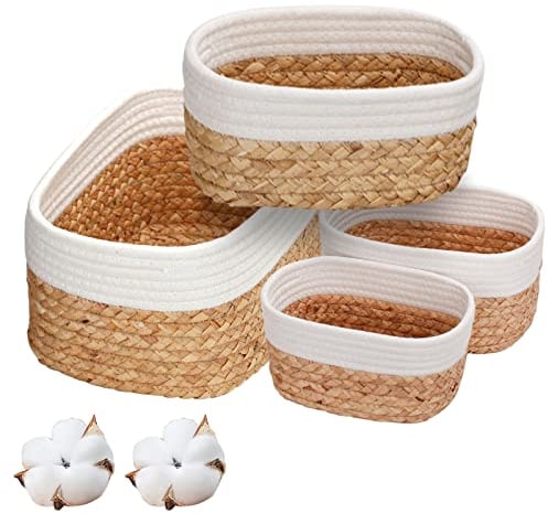 Lot de 4 paniers de rangement tressés en jacinthe d'eau et en coton, rangement pour cuisine, salle de bain, chambre à coucher