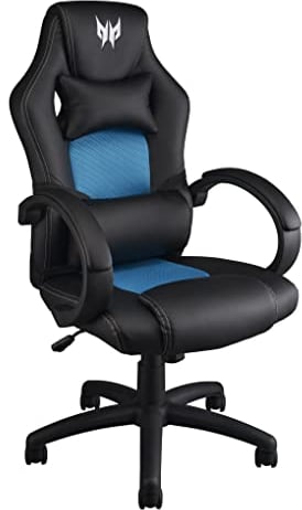 Acer Predator Rift Essential Gaming Stuhl (Lendenwirbelstütze und ergonomische Kopfstütze, ultraweiche Armlehnen, breite Sitzfläche, für Nutzer bis zu 150 kg) schwarz/blau