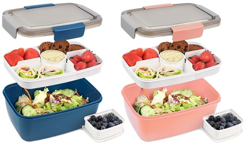 Bugucat Lunchbox Erwachsene 2000ML 2 Set,Auslaufsichere Brotdose Erwachsene Bento Box mit Fächern für Kinder,Salatbehälter Salatbox to Go mit Gabel,Brotdose Frühstücksbox für Schule Büro,Blau+Rosa