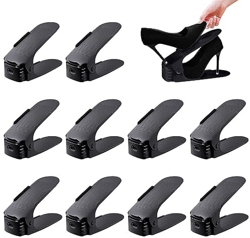 RZMZBY 10 Stück Einstellbare Schuhregale rutschfest Schuhhalter, rutschfest Schuhstapler, 3 Höhenverstellbar PP Doppelschicht Schuhstapler Set Platzsparend Schuhaufbewahrung (Schwarz)