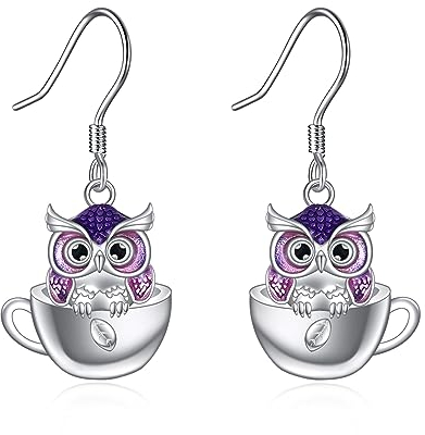 Owl Drop Earrings for Women 925 Sterling Silver Teacup Dangle Earrings for Girls Owl Jewellery Gift