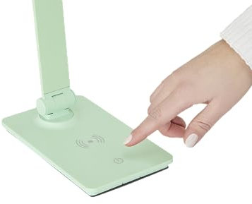 KHG LED-Schreib-Tischleuchte in grün aus Metall, 3-Stufen Touch-Dimmer, kabellose Ladefunktion via Qi-Charger, Farbtemperatur CCT (Warmweiß) 3.000 K, 300 lm Lichtleistung, für Arbeitszimmer und Büro