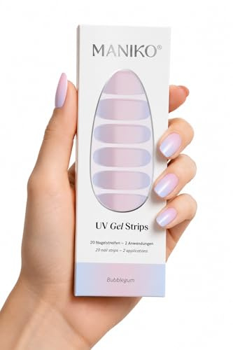 Maniko UV Gel Strips Bubblegum Bunt – 20 UV Nagelsticker, 2 Anwendungen | UV Nagellack zum Kleben, selbstklebende Nagelfolie für natürliche Nägel, vegan & langanhaltend – Geschenk zu Geburtstag