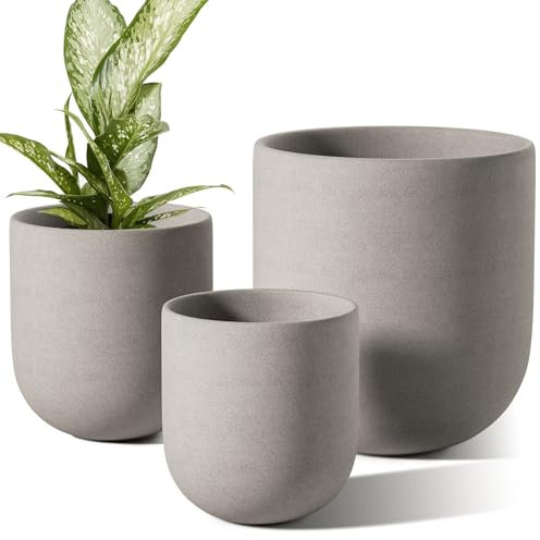 LE TAUCI 6+8+10 Inch Plant Pots Indoor, Ceramic Planters for Indoor Plants, Cylinder Pots with Drainage Hole and Plug, Planter Pots for Home Office Room Patio, Set of 3, Neutral Gray
