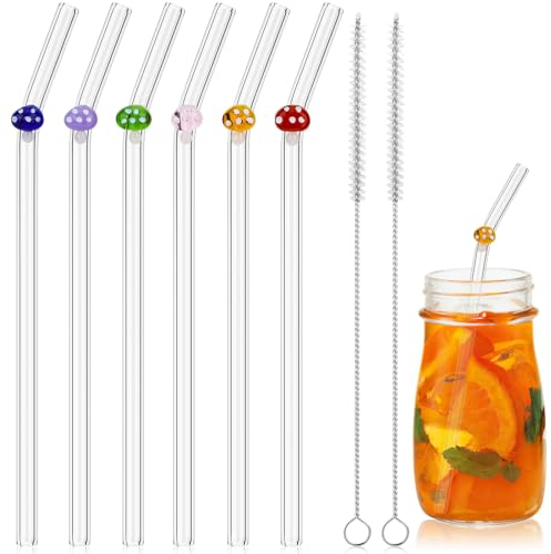 Glas Strohhalme mit Motiv, Glasstrohhalme with Bunte Pilze, Trinkhalme Glas mit Design, 6 Gebogene Wiederverwendbar Strohhalme & 2 Reinigungsbürste, Perfekt für Smoothies Kaffee Tee Milchshake Slush