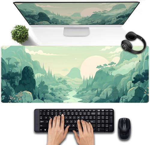 Cute Pastel Mint Green Forest Sage Desk Mat Anime Large Gaming Mouse Pad XL, Aesthetic Sunrise Laptop Computer Keyboard Mouse Mat, Women Office Desk Decor Cover Mat with Stitched Edges 31.5x11.8