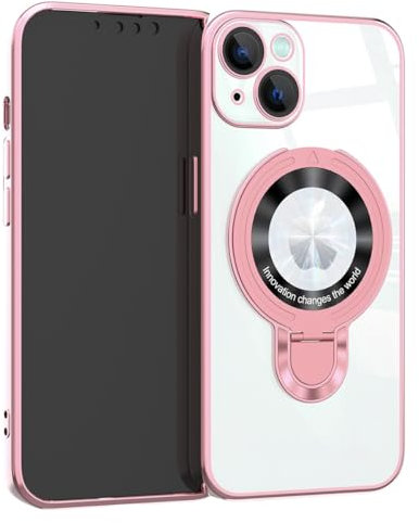 EiYioun Plated Case for iPhone 13 Mini with Metal Ring Holder Stand [Compatible with MagSafe], Shockproof Non-Slip Slim Fit Protective Phone Bumper Cover for iPhone 13 Mini Pink