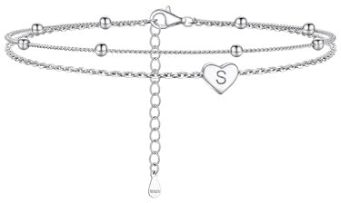 PROSILVER Bracelet de Cheville Femme Argent Double Chaîne avec Pendentif Coeur Initial S, Anklet Sexy 22+5cm