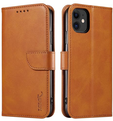 LOLFZ Wallet Case for iPhone 11, Vintage Leather Book Case with Card Holder Kickstand Magnetic Closure Flip Case Cover for iPhone 11 - Light Brown