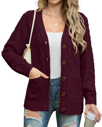 GRECERELLE Womens Cardigans Knit Ladies Long Sleeve Button Down Oversized Aran Cable Knitted Jumper Cardigan Knitwear with Pockets (Wine Red,L)