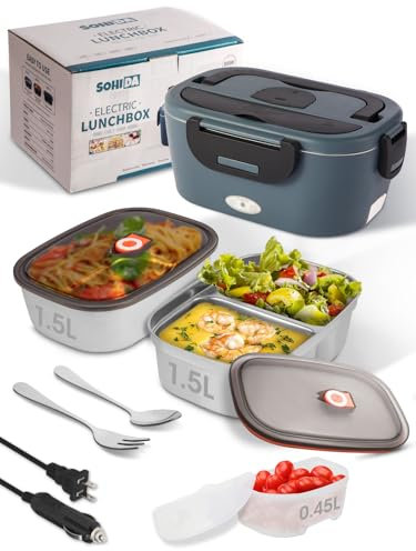 SOHIDA - Fiambrera eléctrica de 80 W con dos recipientes y tapas intercambiables de acero inoxidable de 1,5 L, calentador de alimentos de 12 V/24 V/110 V con utensilios y bolsa aislada para